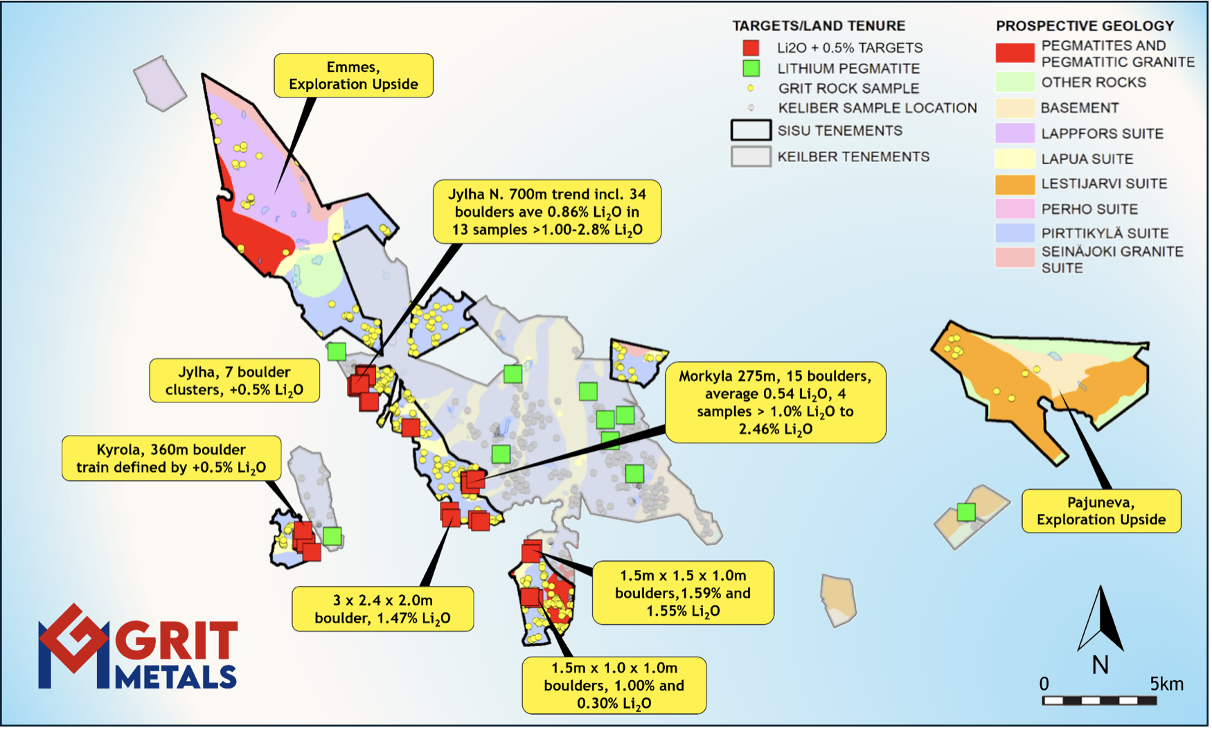 Mapped spodumene pegmatite boulder occurrences across the Company's licences